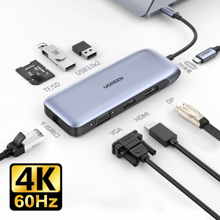 Ugreen USB-C Hub 9v1 4K HDMI, 4K DP, VGA, RJ45, 2xUSB 3.0, MicroSD - box Ugreen USB-C Hub 9v1 4K HDMI, 4K DP, VGA, RJ45, 2xUSB 3.0, MicroSD - box