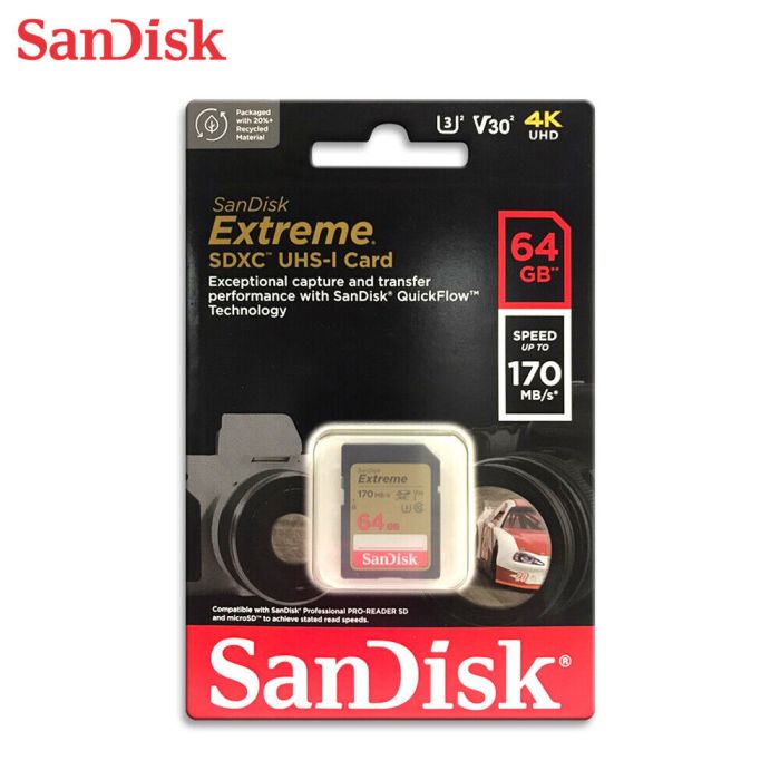 SanDisk Extreme 64GB SDXC spominska kartica + 1 leto RescuePRO Deluxe do170MB/s & 80MB/s branje/zapi SanDisk Extreme 64GB SDXC spominska kartica + 1 leto RescuePRO Deluxe do170MB/s & 80MB/s branje/zapi