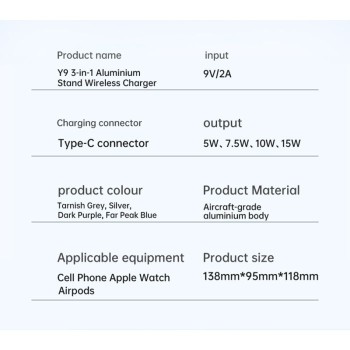 VEGER brezžična polnilna postaja 3v1 Y9 za pametni telefon, Apple watch, AirPods, siva VEGER brezžična polnilna postaja 3v1 Y9 za pametni telefon, Apple watch, AirPods, siva