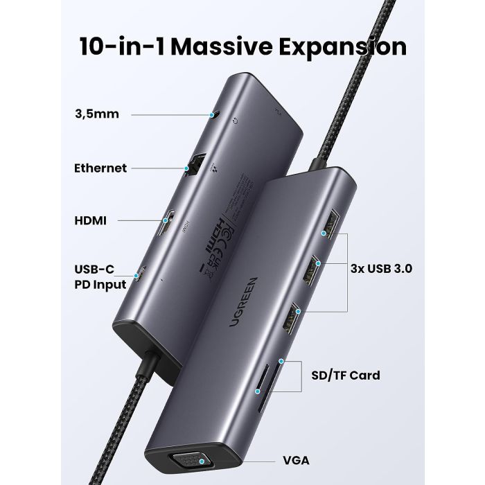 UGREEN USB C Hub, 10-v-1 USB-C z dvojnim izhodom za zaslon 4K HDMI & VGA, 100W PD UGREEN USB C Hub, 10-v-1 USB-C z dvojnim izhodom za zaslon 4K HDMI & VGA, 100W PD