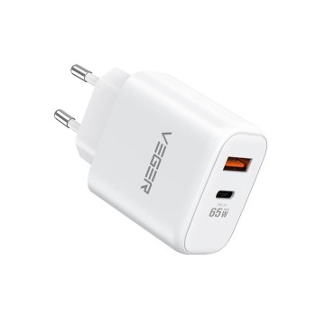 VEGER 65W1A1C 2-portni polnilec, USB-A/USB-C, QC3.0/PD3.0, bel VEGER 65W1A1C 2-portni polnilec, USB-A/USB-C, QC3.0/PD3.0, bel