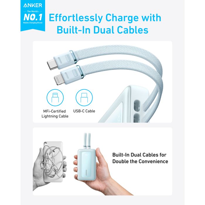 Anker Zolo Powerbank 10000 mAh, 30W z vgrajenima kabloma USB-C + Lightning, moder Anker Zolo Powerbank 10000 mAh, 30W z vgrajenima kabloma USB-C + Lightning, moder