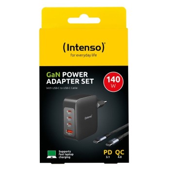 Intenso 140W GaN napajalnik s priključkom 3xUSB-C in 1xUSB-A ter priloženim 2M 200W USB-C kablom