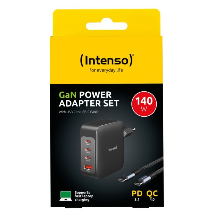 Intenso 140W GaN napajalnik s priključkom 3xUSB-C in 1xUSB-A ter priloženim 2M 200W USB-C kablom Intenso 140W GaN napajalnik s priključkom 3xUSB-C in 1xUSB-A ter priloženim 2M 200W USB-C kablom