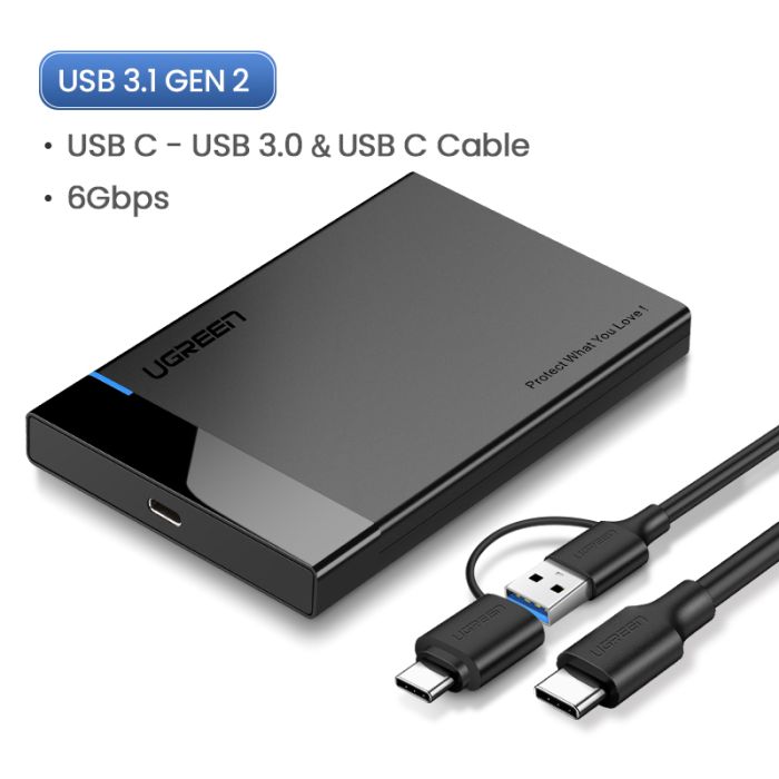 Ugreen ohišje za 2,5 trdi disk USB 3.1 s kablom 2 v 1 USB-A/USB-C v USB-C Ugreen ohišje za 2,5 trdi disk USB 3.1 s kablom 2 v 1 USB-A/USB-C v USB-C