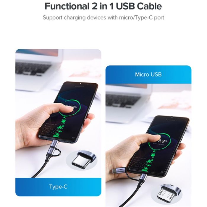 Ugreen USB-A na Micro USB + USB-C kabel pleten 1m Ugreen USB-A na Micro USB + USB-C kabel pleten 1m