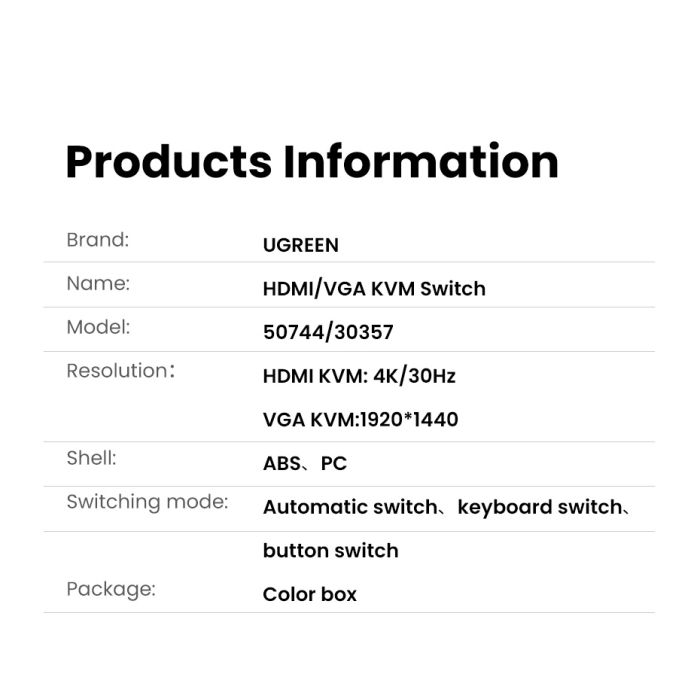 Ugreen HDMI 2x1 KVM Stikalo - box Ugreen HDMI 2x1 KVM Stikalo - box