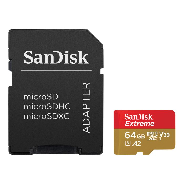 SanDisk Extreme microSDXC 64GB for Action Cams and Drones + SD Adapter 170MB/s & 80MB/s A2 C10 V30 U SanDisk Extreme microSDXC 64GB for Action Cams and Drones + SD Adapter 170MB/s & 80MB/s A2 C10 V30 U