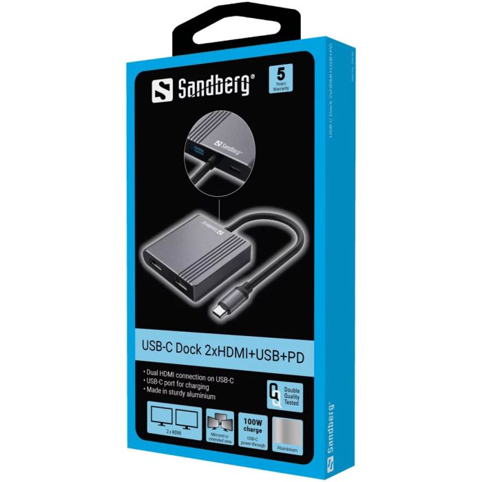 Sandberg USB-C 2xHDMI + USB + Power Delivery priklopna postaja za 2 monitorja Sandberg USB-C 2xHDMI + USB + Power Delivery priklopna postaja za 2 monitorja