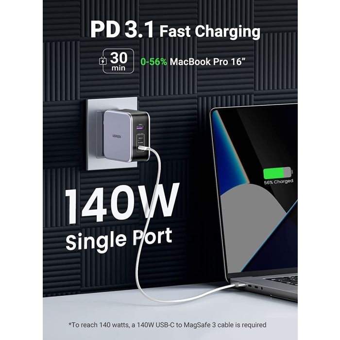Ugreen Nexode 3 portni 140W USB-C polnilnik s PD 3.1 GaN in priloženim USB-C 240w polnilnim kablom Ugreen Nexode 3 portni 140W USB-C polnilnik s PD 3.1 GaN in priloženim USB-C 240w polnilnim kablom