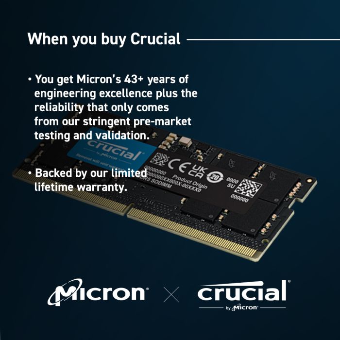 Crucial 16GB DDR5-4800 SODIMM PC5-38400 CL40, 1.1V Crucial 16GB DDR5-4800 SODIMM PC5-38400 CL40, 1.1V