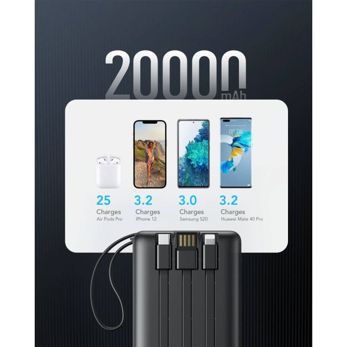VEGER prenosna baterija z vgrajenimi kabli C20 20000 mAh, črna VEGER prenosna baterija z vgrajenimi kabli C20 20000 mAh, črna