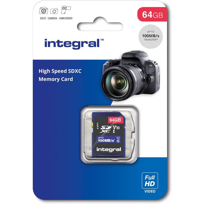 Integral 64GB SD Card High Speed Memory SDXC Up To 100MB/S V10 UHS U1 Integral 64GB SD Card High Speed Memory SDXC Up To 100MB/S V10 UHS U1