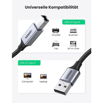 Ugreen tiskalniški kabel USB 2.0 tipa B USB kabel USB A v USB B združljiv s HP, Canon, Epson, Lexma