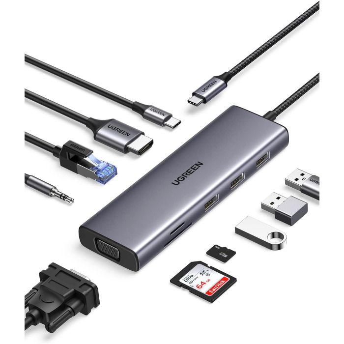 UGREEN USB C Hub, 10-v-1 USB-C z dvojnim izhodom za zaslon 4K HDMI & VGA, 100W PD UGREEN USB C Hub, 10-v-1 USB-C z dvojnim izhodom za zaslon 4K HDMI & VGA, 100W PD