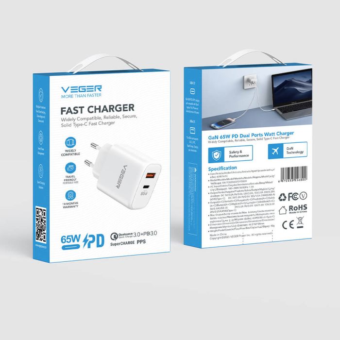VEGER 65W1A1C 2-portni polnilec, USB-A/USB-C, QC3.0/PD3.0, bel VEGER 65W1A1C 2-portni polnilec, USB-A/USB-C, QC3.0/PD3.0, bel