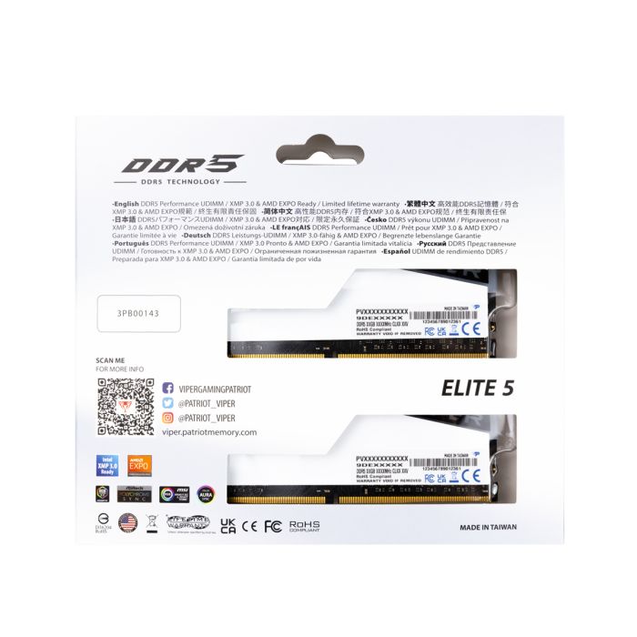 Patriot Viper Elite 5 RGB Kit 32GB (2x16GB) DDR5-6200 DIMM PC5-49600 CL42, 1.35V Patriot Viper Elite 5 RGB Kit 32GB (2x16GB) DDR5-6200 DIMM PC5-49600 CL42, 1.35V