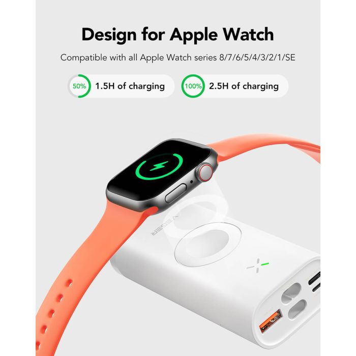 VEGER prenosna baterija MagFan 10000 mAh, vgrajen kabel in Apple Watch polnilnik, bela VEGER prenosna baterija MagFan 10000 mAh, vgrajen kabel in Apple Watch polnilnik, bela