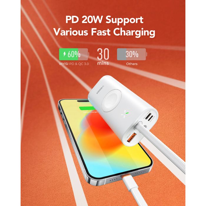 VEGER prenosna baterija MagFan 10000 mAh, vgrajen kabel in Apple Watch polnilnik, bela VEGER prenosna baterija MagFan 10000 mAh, vgrajen kabel in Apple Watch polnilnik, bela