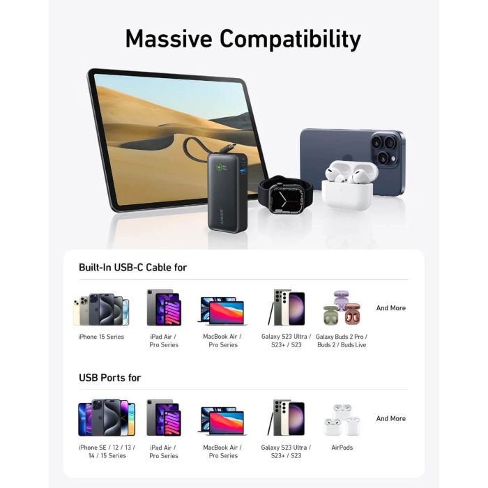 Anker 545 Nano powerbank 10K z vgrajenim kablom USB-C, črn Anker 545 Nano powerbank 10K z vgrajenim kablom USB-C, črn