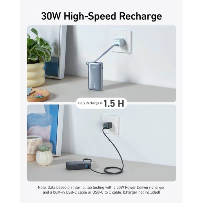 Anker 545 Nano powerbank 10K z vgrajenim kablom USB-C, črn Anker 545 Nano powerbank 10K z vgrajenim kablom USB-C, črn