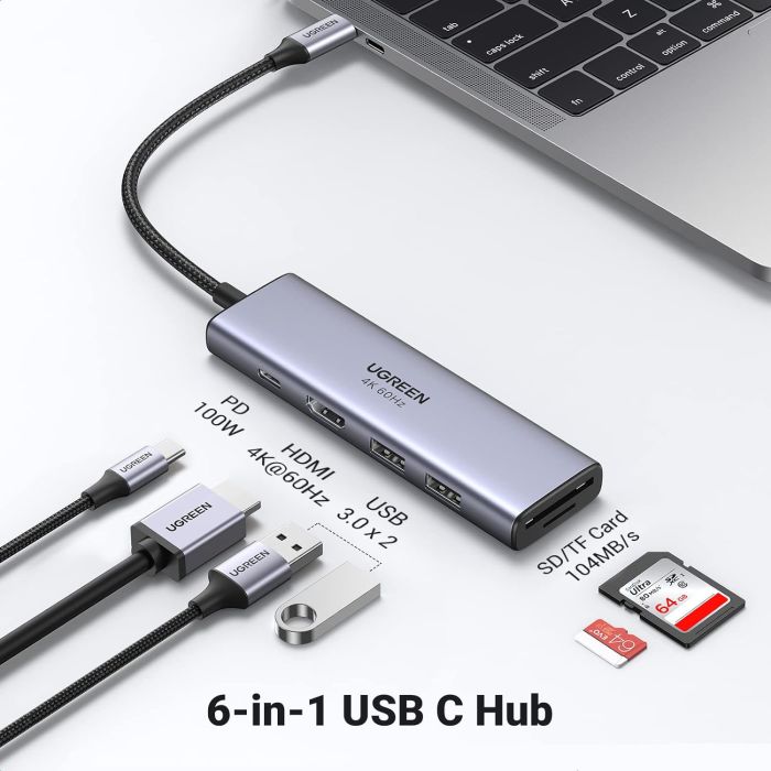 Ugreen 6v1 USB-C HUB 4K HDMI+čitalec kartic+2xUSB+PD 100W Ugreen 6v1 USB-C HUB 4K HDMI+čitalec kartic+2xUSB+PD 100W