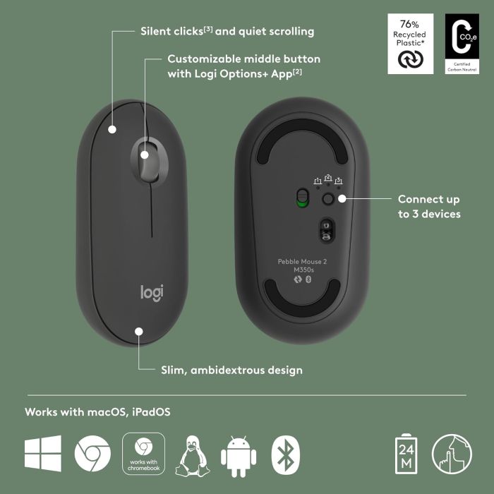 Logitech Miška Pebble 2 M350S Wireless, grafitna Logitech Miška Pebble 2 M350S Wireless, grafitna