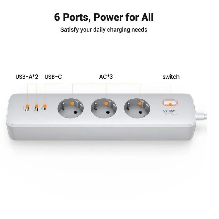 Ugreen zaščitna vtičnica 3xSchuko 1x USB-C + 2x USB, 2m Ugreen zaščitna vtičnica 3xSchuko 1x USB-C + 2x USB, 2m