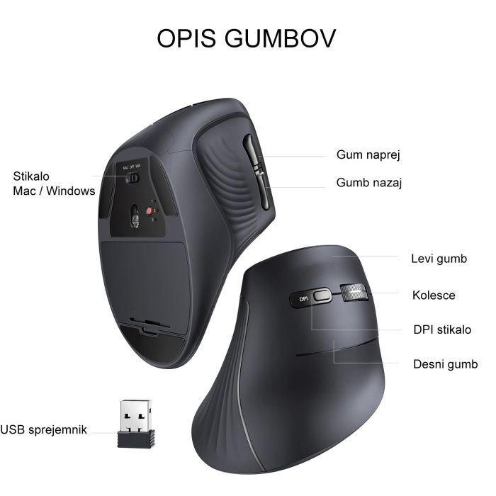 Ugreen brezžična ergonomska vertikalna miška z Bluetooth in Wi-Fi povezavo Ugreen brezžična ergonomska vertikalna miška z Bluetooth in Wi-Fi povezavo