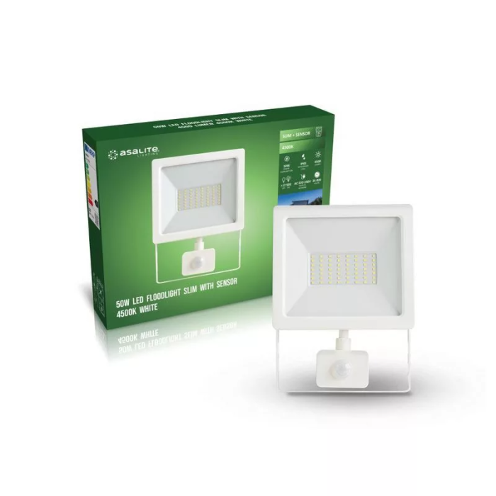 Asalite LED bel reflektor Slim 50W 4500K (4500 lumnov) + senzor Asalite LED bel reflektor Slim 50W 4500K (4500 lumnov) + senzor