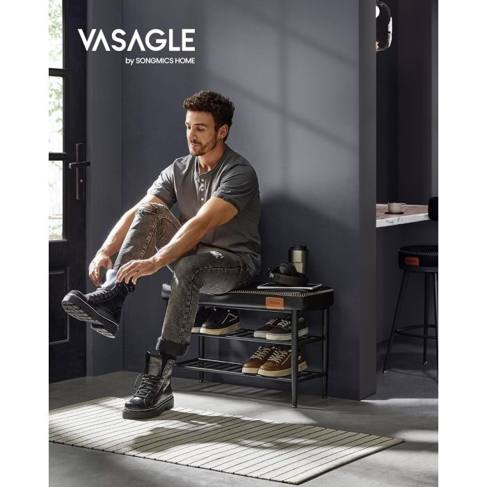 VASAGLE EKHO klop za čevlje, umetno usnje, 135 kg nosilnosti, črna, 30 x 80 x 50 cm, retro 60 VASAGLE EKHO klop za čevlje, umetno usnje, 135 kg nosilnosti, črna, 30 x 80 x 50 cm, retro 60