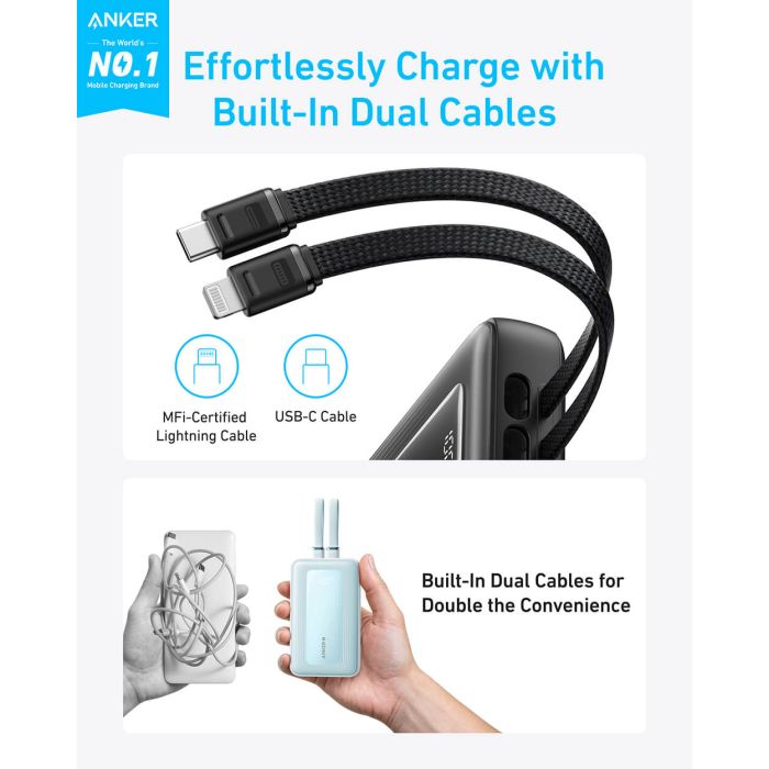 Anker Zolo Powerbank 10000 mAh, 30W z vgrajenima kabloma USB-C + Lightning, črn Anker Zolo Powerbank 10000 mAh, 30W z vgrajenima kabloma USB-C + Lightning, črn