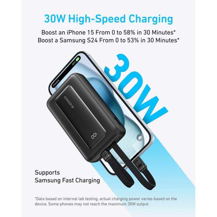Anker Zolo Powerbank 10000 mAh, 30W z vgrajenima kabloma USB-C + Lightning, črn Anker Zolo Powerbank 10000 mAh, 30W z vgrajenima kabloma USB-C + Lightning, črn