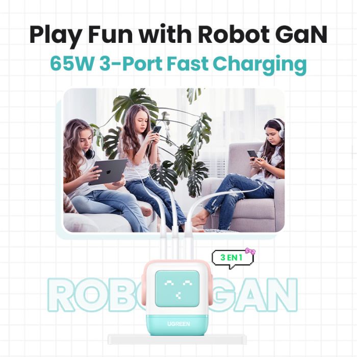 Ugreen Nexode Robot GaN 65W Polnilnik - Roza Ugreen Nexode Robot GaN 65W Polnilnik - Roza
