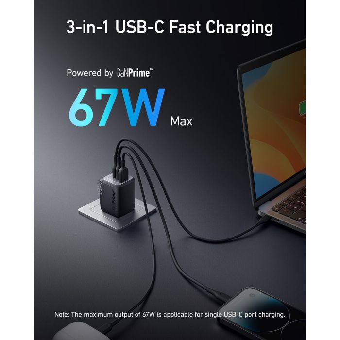 Anker Prime 67W GaN 3-portni polnilec, črn Anker Prime 67W GaN 3-portni polnilec, črn