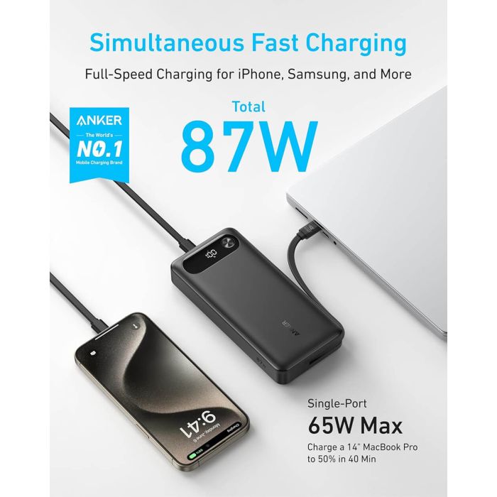 Anker Powerbank 20000 mAh, 87W z vgrajenim USB-C kablom, črn Anker Powerbank 20000 mAh, 87W z vgrajenim USB-C kablom, črn