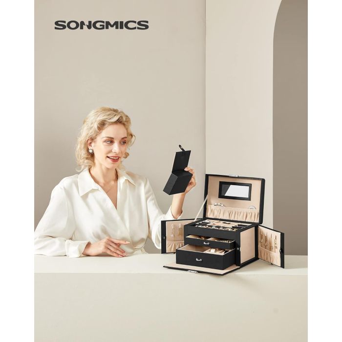 SONGMICS škatla za nakit z 2 predaloma in ogledalom SONGMICS škatla za nakit z 2 predaloma in ogledalom