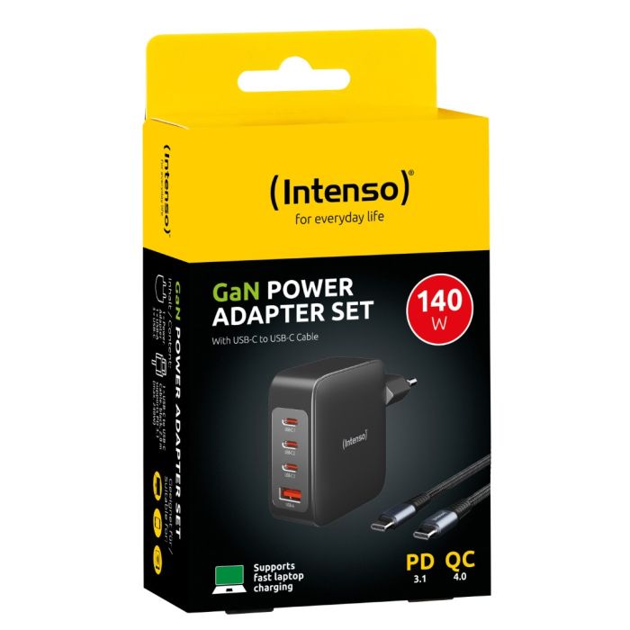 Intenso 140W GaN napajalnik s priključkom 3xUSB-C in 1xUSB-A ter priloženim 2M 200W USB-C kablom Intenso 140W GaN napajalnik s priključkom 3xUSB-C in 1xUSB-A ter priloženim 2M 200W USB-C kablom