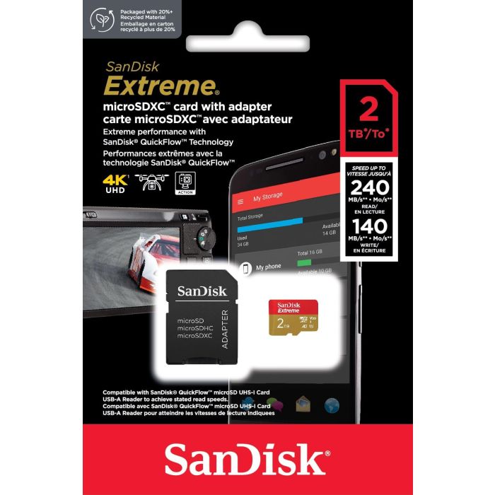 SanDisk 2TB Extreme microSDXC UHS-I z adapterjem do 240MB/s, C10, U3, V30, 4K, 5K, A2, Micro SD kart SanDisk 2TB Extreme microSDXC UHS-I z adapterjem do 240MB/s, C10, U3, V30, 4K, 5K, A2, Micro SD kart