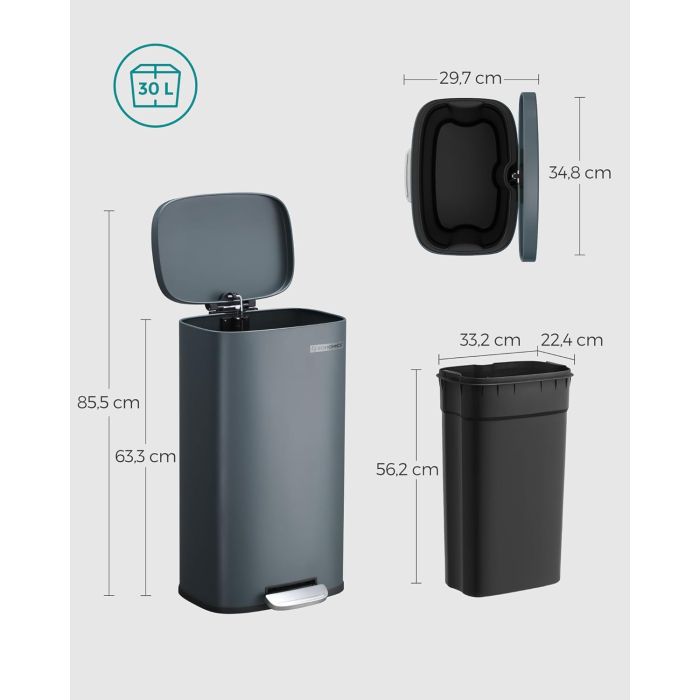 SONGMICS Kuhinjski koš za smeti, 30 litrov siv SONGMICS Kuhinjski koš za smeti, 30 litrov siv