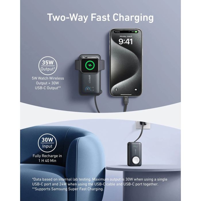 Anker MagOn Powerbank 10000 mAh, 35W z vgrajenim kablom in brezžičnim polnjenjem Apple Watch Anker MagOn Powerbank 10000 mAh, 35W z vgrajenim kablom in brezžičnim polnjenjem Apple Watch