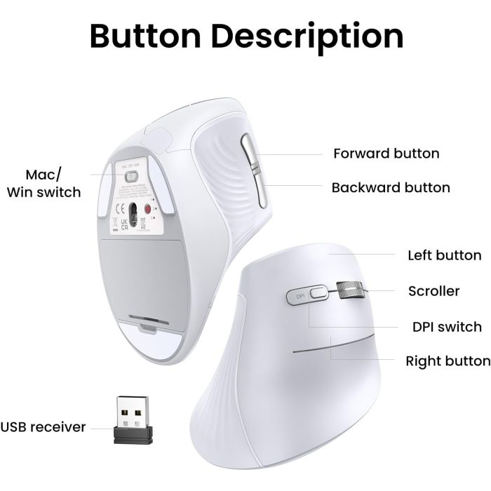 Ugreen brezžična ergonomska vertikalna miška z Bluetooth in Wi-Fi povezavo - bela Ugreen brezžična ergonomska vertikalna miška z Bluetooth in Wi-Fi povezavo - bela