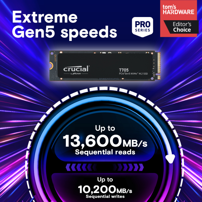 Crucial T705 1TB PCIe Gen5 NVMe M.2 SSD Crucial T705 1TB PCIe Gen5 NVMe M.2 SSD