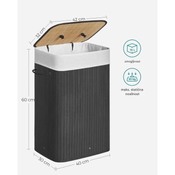 SONGMICS zložljiva bambusova košara za perilo s pokrovom – črna, 72 L