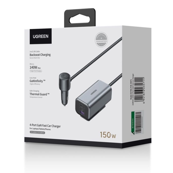 Ugreen 150W avto polnilec s 4 priključki Ugreen 150W avto polnilec s 4 priključki