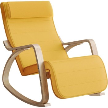 SONGMICS pomirjujoč leseni gugalni stol z nastavljivim podnožjem rumen