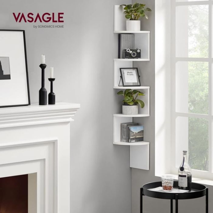 VASAGLE kotni stenski regal, 5-nivojski, 20 × 20 × 127,5 cm, mat bela VASAGLE kotni stenski regal, 5-nivojski, 20 × 20 × 127,5 cm, mat bela