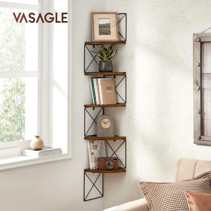 VASAGLE stenski kotni regal, 5-nivojski, rustikalno rjav in črn, 127,5 × 20 × 20 cm, industrijski slog VASAGLE stenski kotni regal, 5-nivojski, rustikalno rjav in črn, 127,5 × 20 × 20 cm, industrijski slog