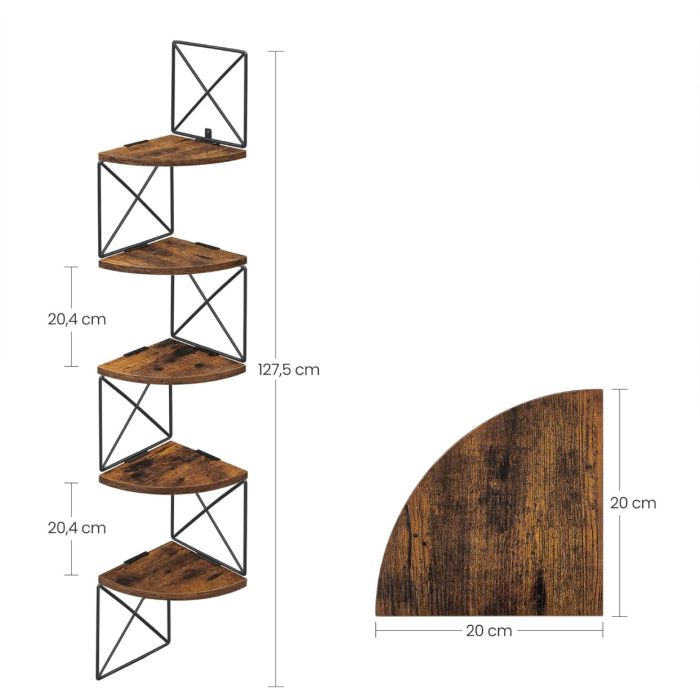 VASAGLE stenski kotni regal, 5-nivojski, rustikalno rjav in črn, 127,5 × 20 × 20 cm, industrijski slog VASAGLE stenski kotni regal, 5-nivojski, rustikalno rjav in črn, 127,5 × 20 × 20 cm, industrijski slog