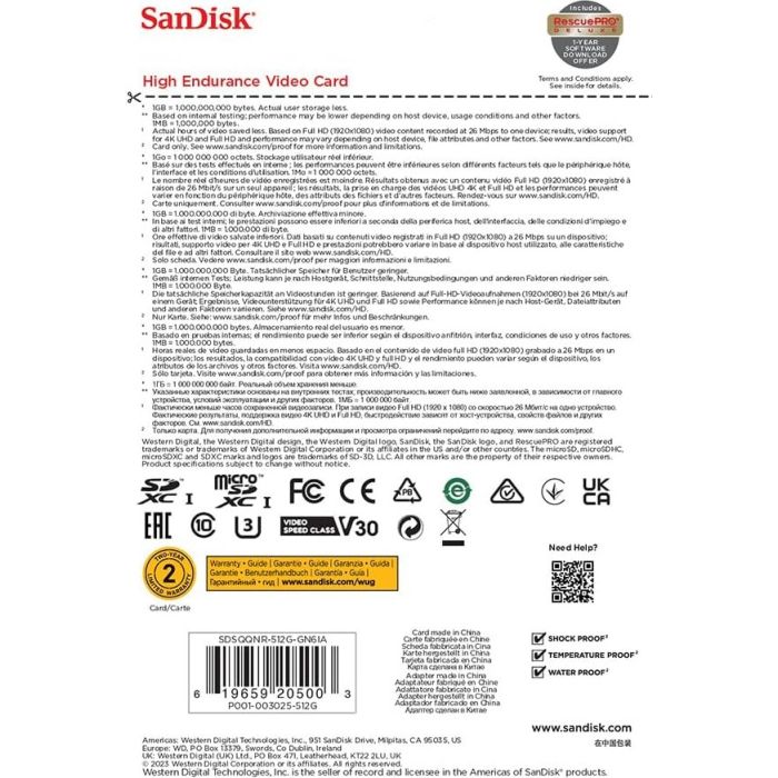 SanDisk High Endurance video microSDHC 512GB + SD Adapter Full HD / 4K video, do 100/40 MB/s C10, U3 SanDisk High Endurance video microSDHC 512GB + SD Adapter Full HD / 4K video, do 100/40 MB/s C10, U3